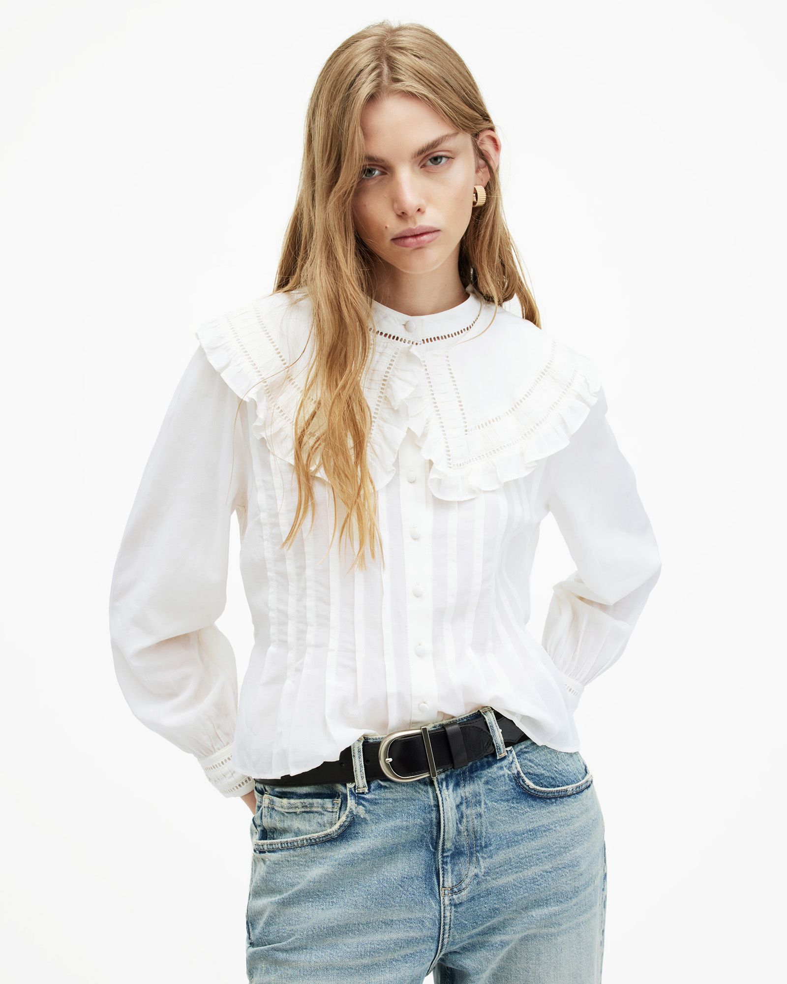 Olea Removable Collar Pintucked Shirt White | ALLSAINTS | AllSaints UK