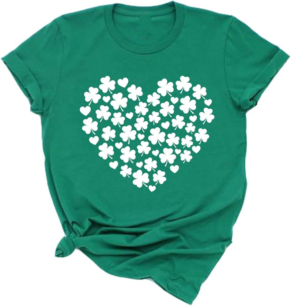 Womens St Patrick's Day Clover T-Shirt Shamrock Heart Graphic Tees Get Lucky Shirt Irish Tops | Amazon (US)