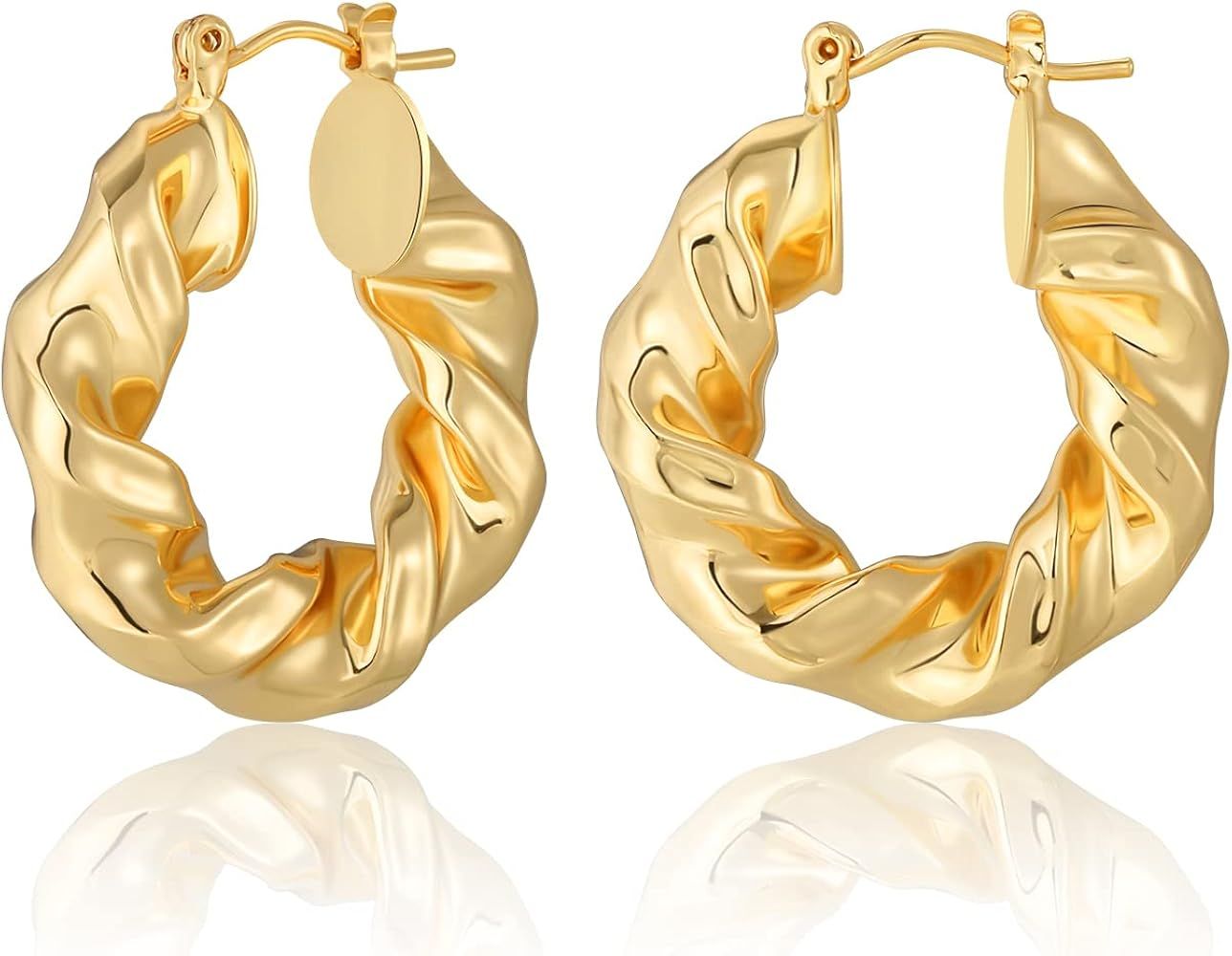 Gold Chunky Hoop Earrings for Women, 18K Gold Plated Hypoallergenic Twisted Thick Roop Round Earr... | Amazon (US)