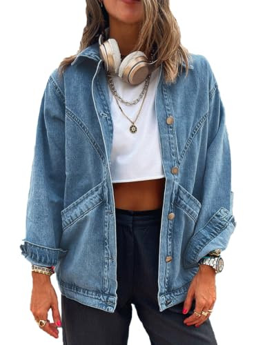 Women's Casual Oversized Button Up Denim Jackets Shacket Long Sleeve Pockets Denim Jean Jacket wi... | Amazon (US)