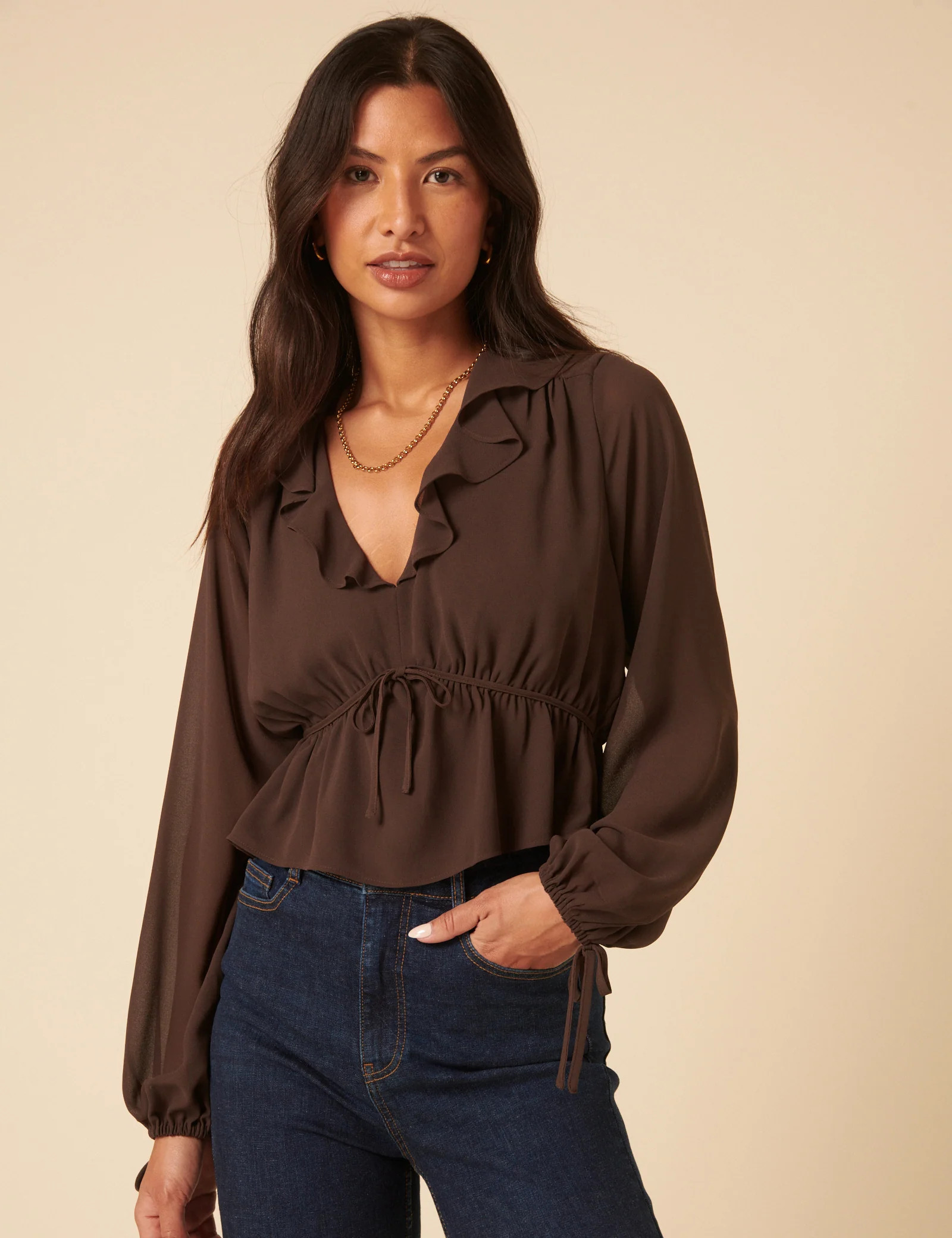 Brown Ruffle Long Sleeve Top | Nobody's Child