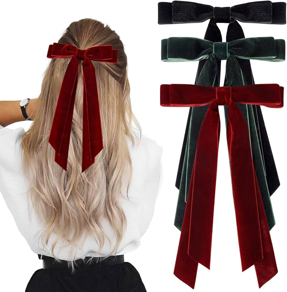 DMQ Hair Bows - 3Pcs Black Red Green Velvet Bow Hair Clips for Women, Solid Color Bowknot Hair Ba... | Amazon (UK)