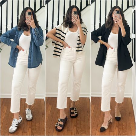 3 outfits wearing white jeans! Perfect for the weekend, for a vacation, or running errands! Spring looks 

#LTKstyletip #LTKfindsunder100 #LTKfindsunder50