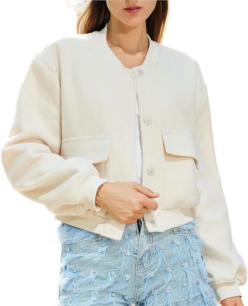 YSW Women's Fashion Short Pilot Jacket Wool Blend Lightweight Cropped Casual Button Varsity Shack... | Amazon (US)
