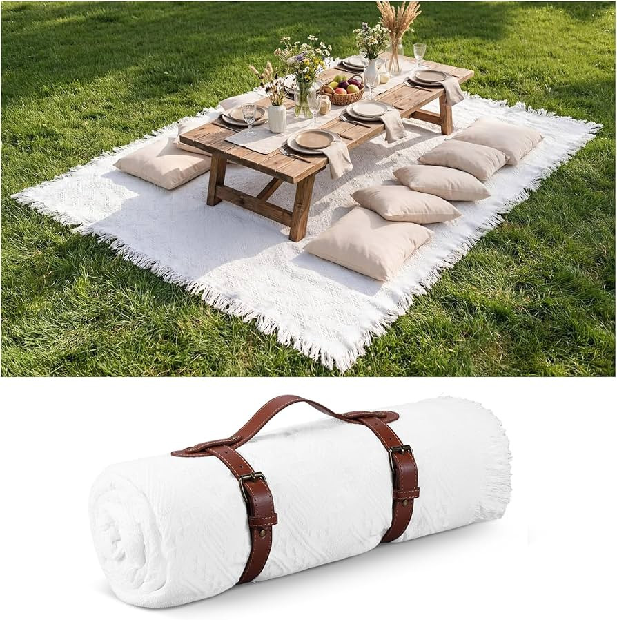 Frienda 70 x 120 Inch Extra Large White Outdoor Picnic Blanket Woven Cotton Yarn Blanket with Fri... | Amazon (US)
