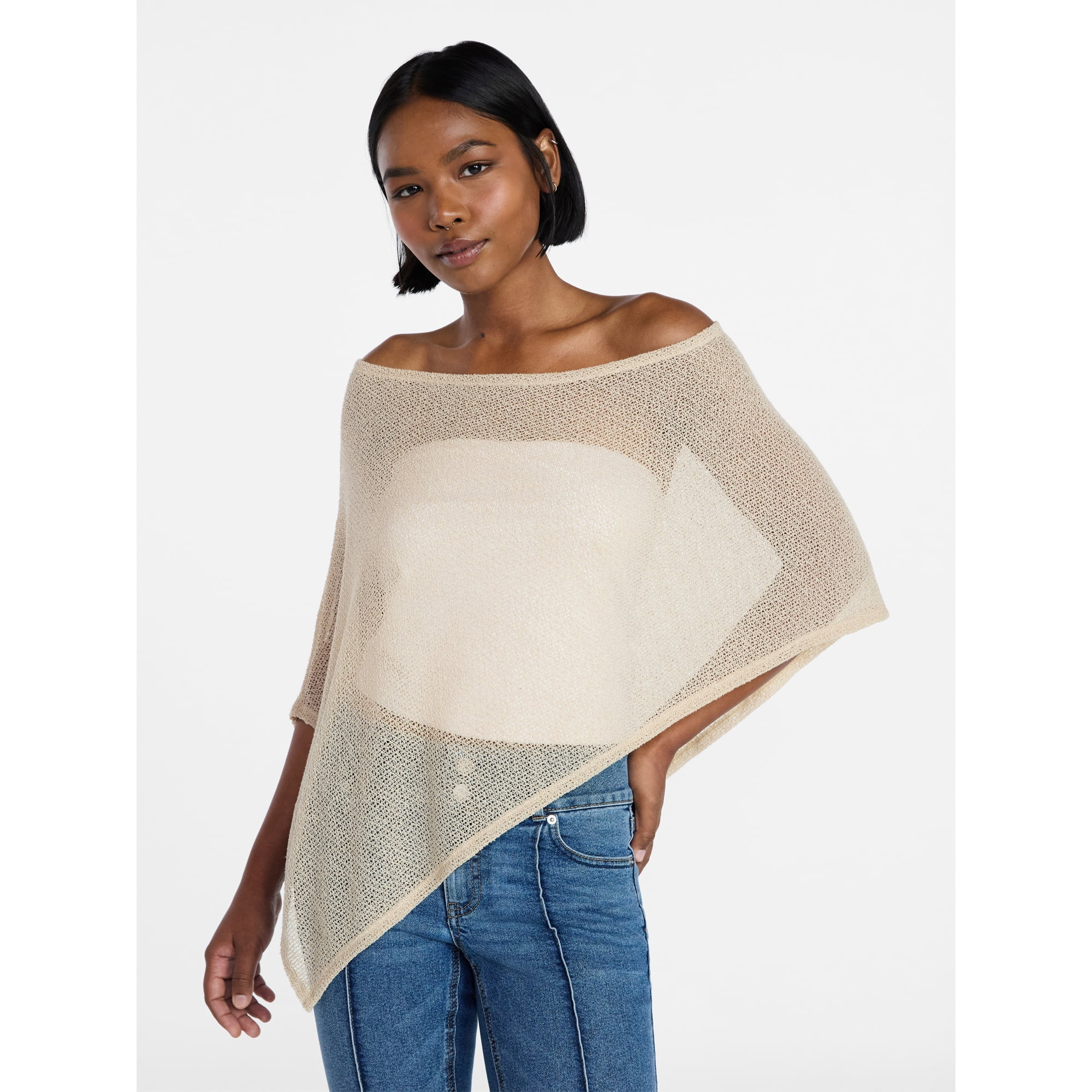 No Boundaries Asymmetrical Hem Knit Poncho Top, Women's XXS-XXL | Walmart (US)
