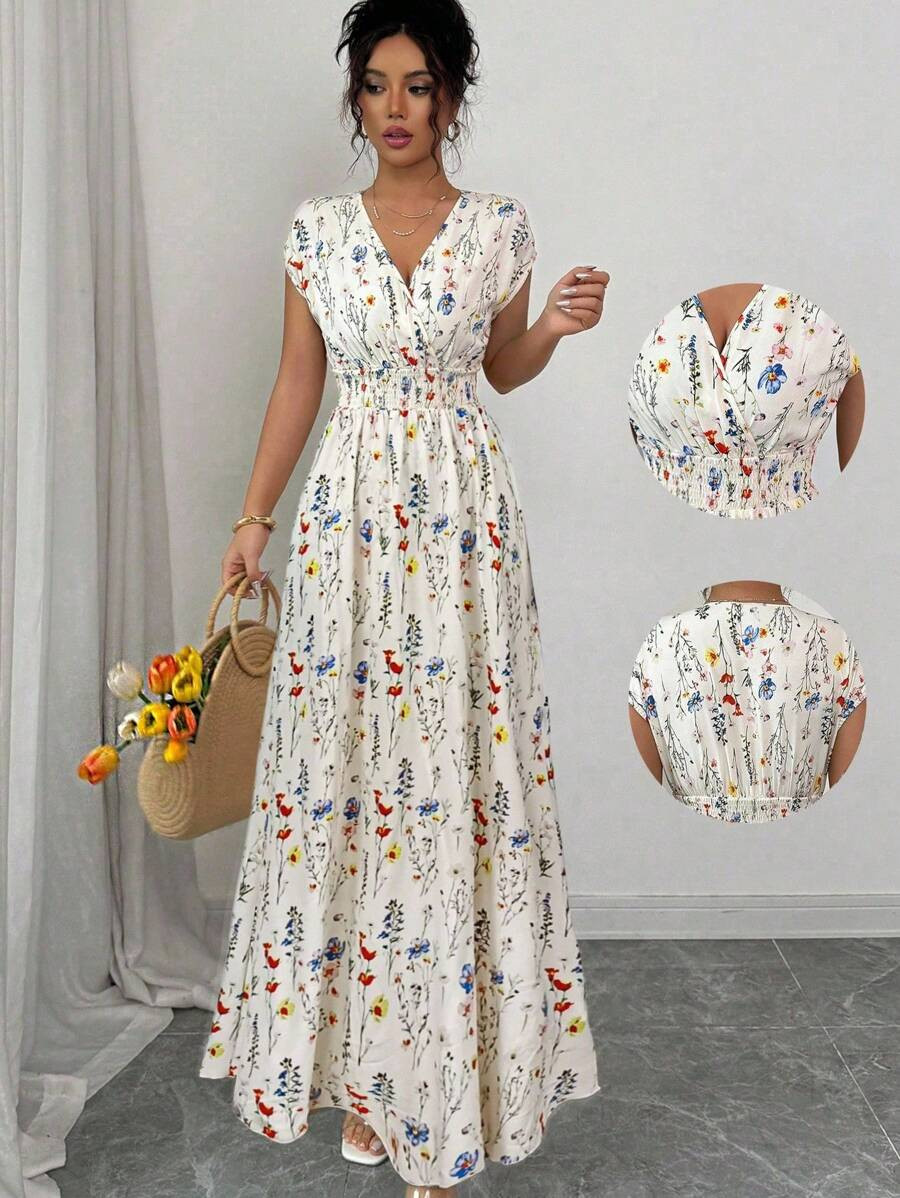 Selianne Women's Ditsy Floral V-Neck Sleeveless Waisted Maxi Dress | SHEIN