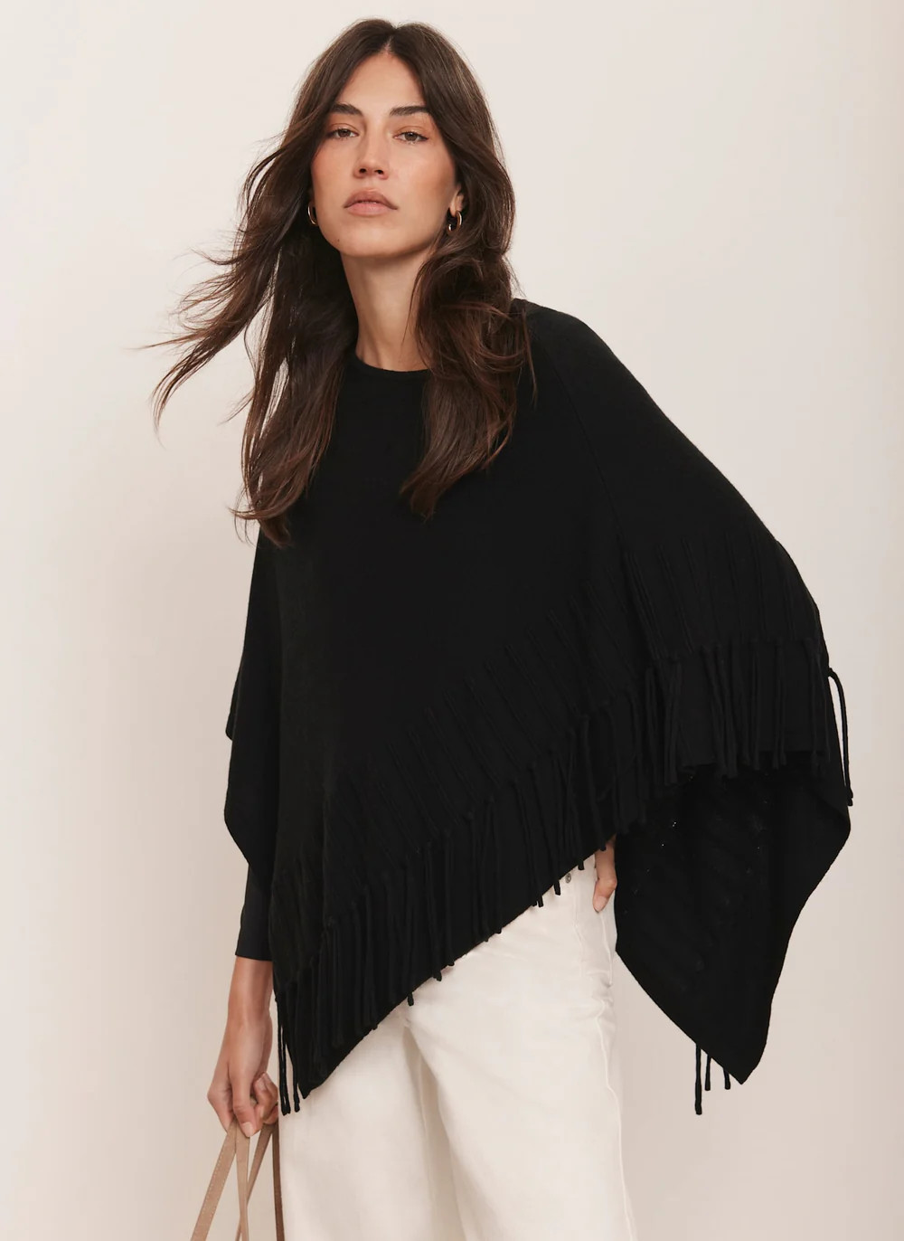Black Cotton Blend Fringed Knit Poncho | Mint Velvet