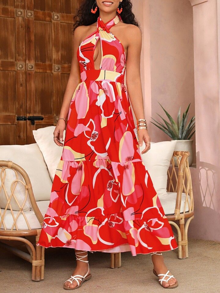 SHEIN VCAY Allover Print Cut Out Tie Backless Ruffle Hem Halter Dress | SHEIN