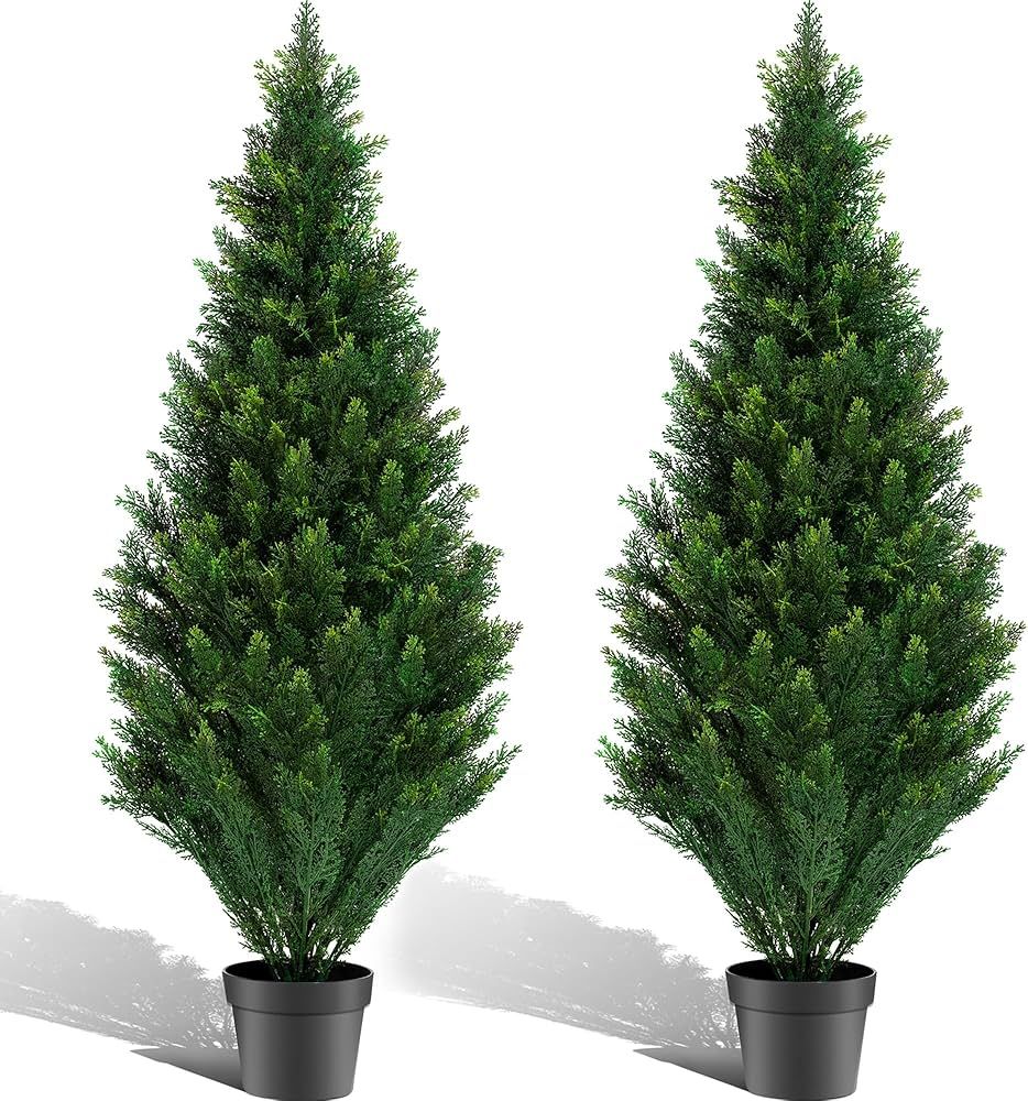 Amazon.com - POZOY 2 Pack 3ft Artificial Cedar Topiary Trees, Outdoor Faux Arborvitae Plants UV R... | Amazon (US)