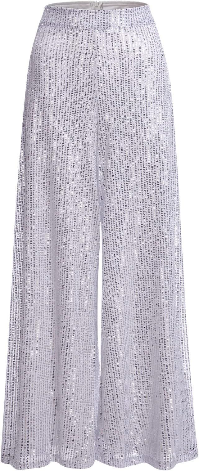 OBEEII Sparkly Pants for Women Glitter Sequin High Waist Wide Leg Trousers Disco Party Clubwear P... | Amazon (US)