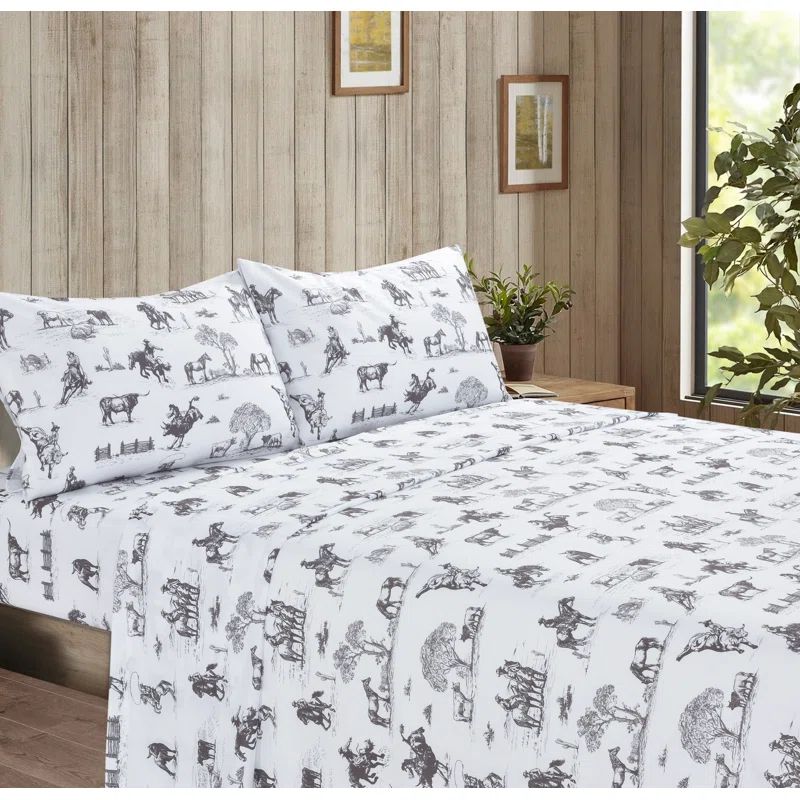 Ranch Living Western Cowboy Ranch Living Black & White Toile Decorative Sheet and Pillowcase Set | Wayfair North America