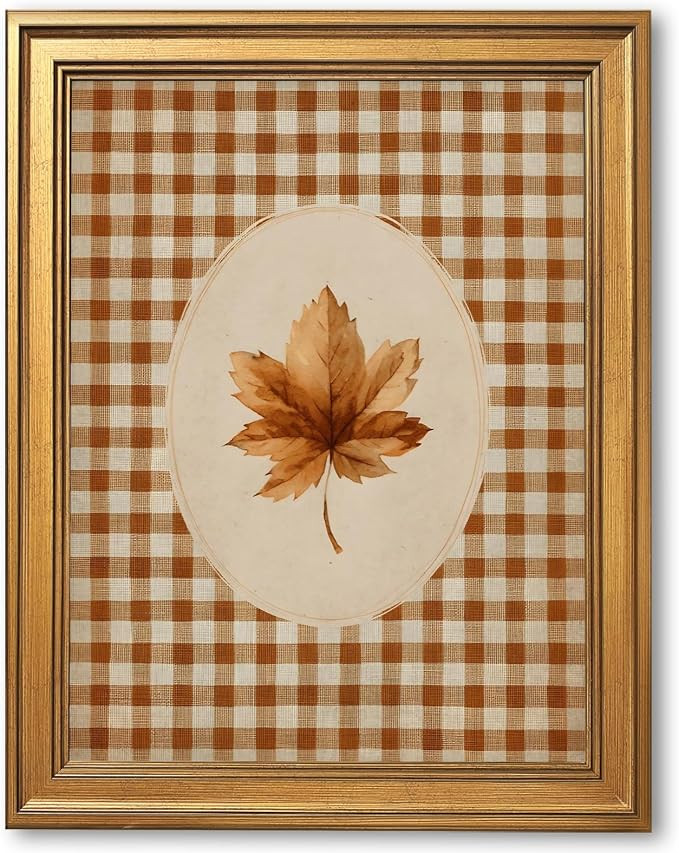 Gold Framed Autumn Leaf Canvas Wall Art Print Gingham Fall Botanical Painting Rustic Cottagecore ... | Amazon (US)