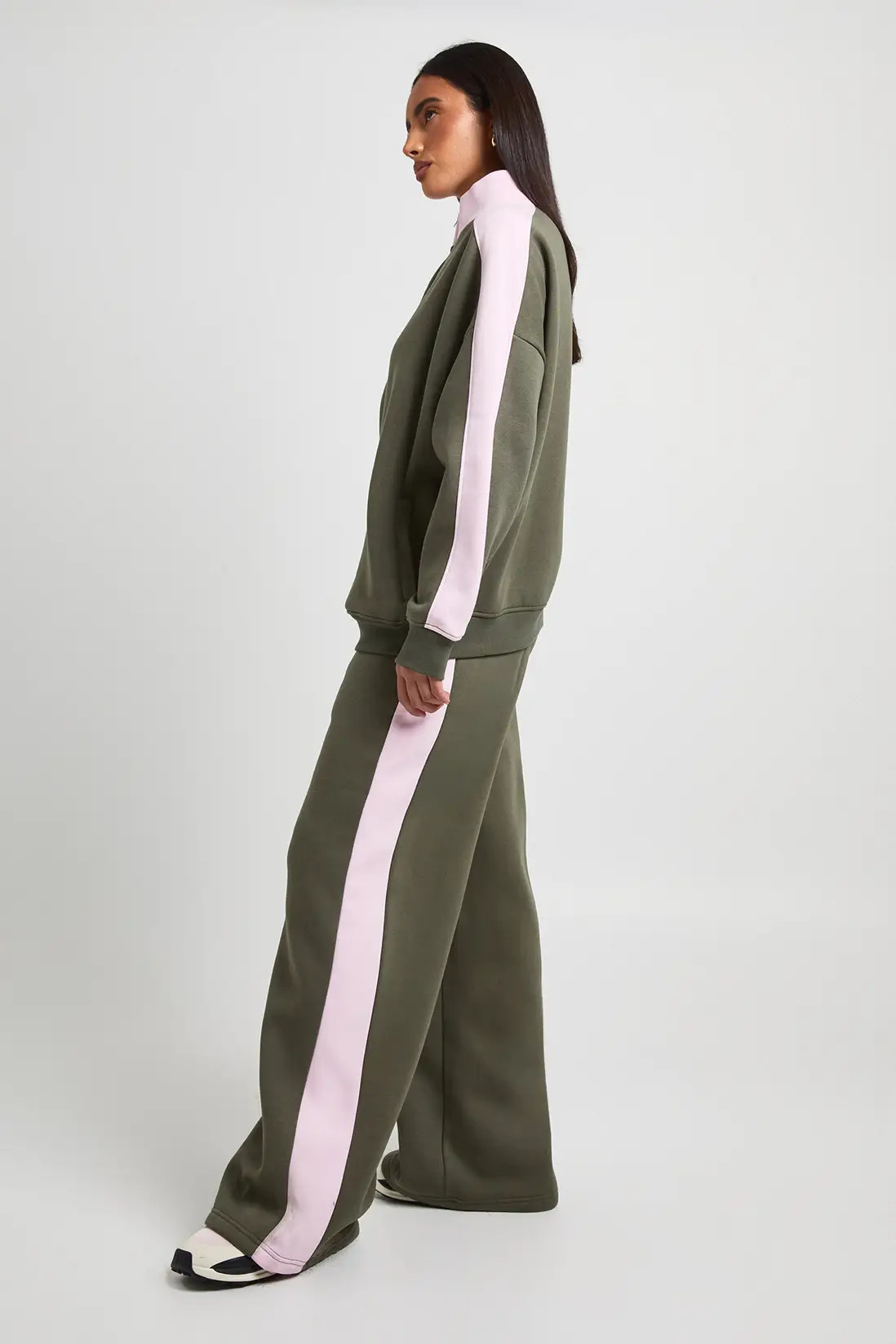 Olive Contrast Stripe Funnel Neck Sweatshirt And Jogger Tracksuit | Boohoo | Boohoo.com (UK & IE)