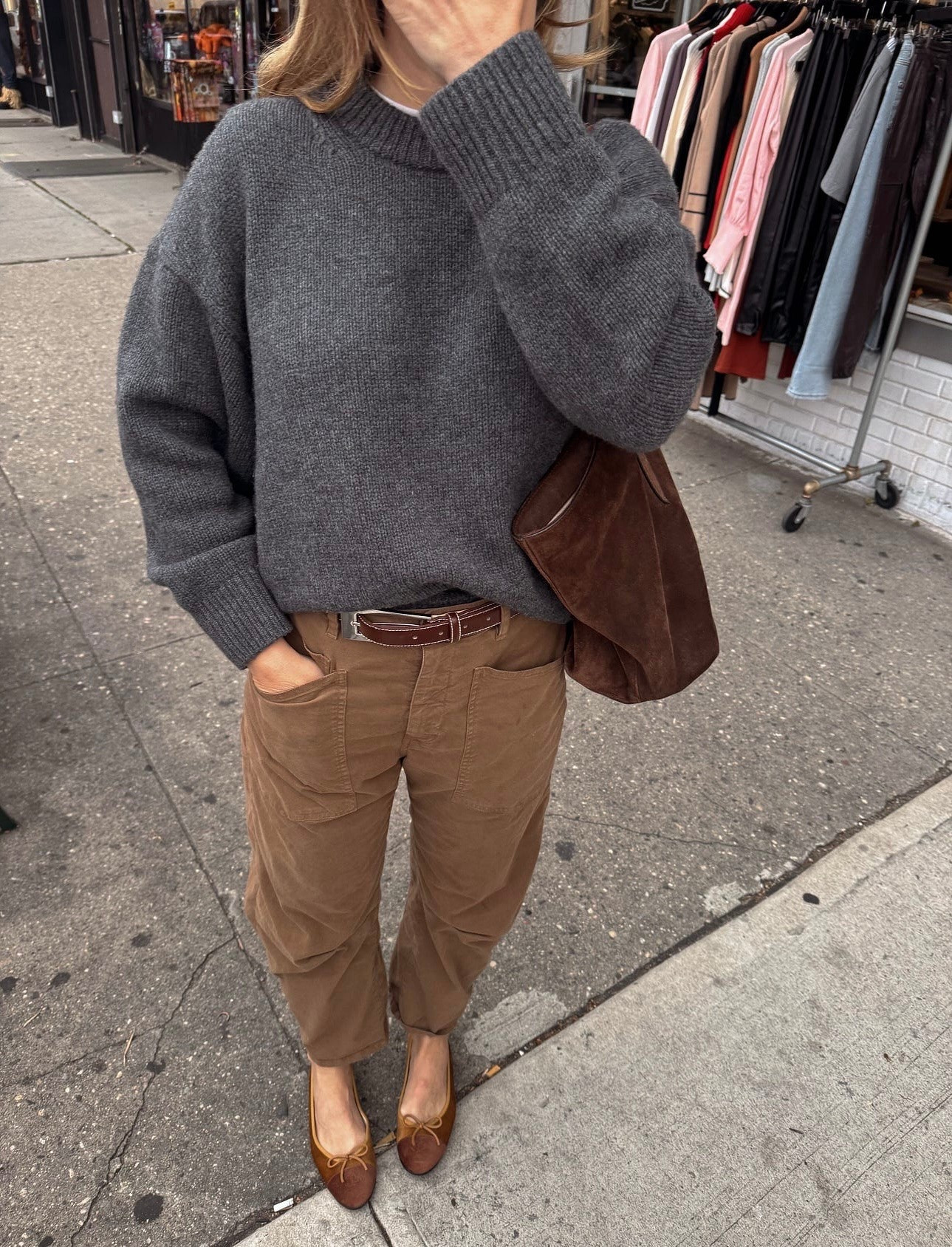 I'm wearing a M in the sweater. 
For the pants, the price tag is so steep but they're some of the most comfortable pants i own. They run large! I sized down to a 4. 

Liffner makes some of my favorite bags.