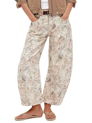 CHARTOU Womens Wide Leg Cropped Jeans Pants Baggy High Rise Denim Pants Y2k Graffiti Barrel Jeans (X-Large,Cat Print) | Amazon (US)