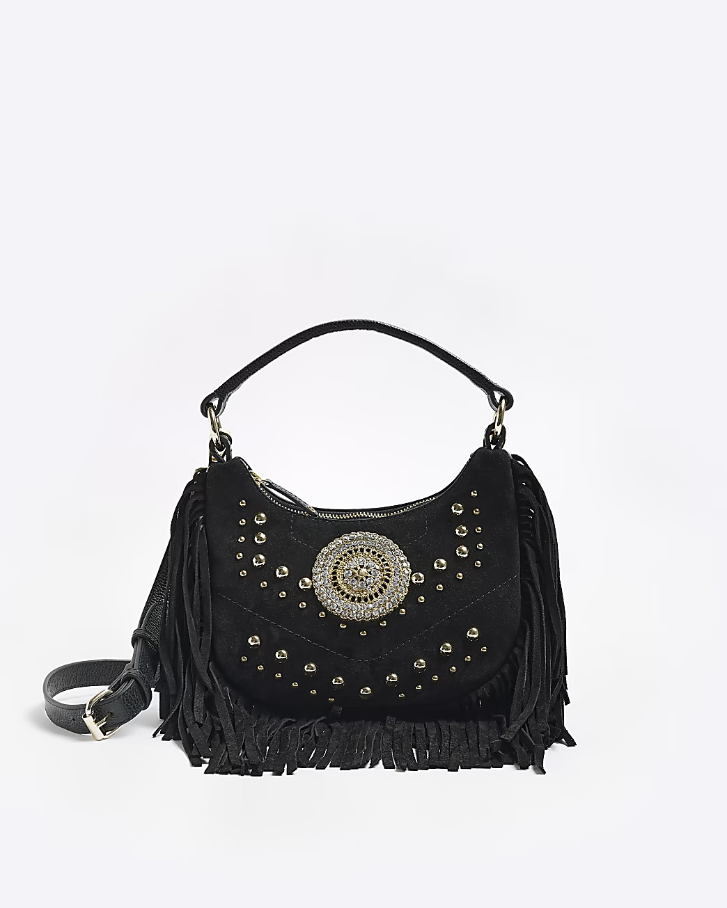 Black suede fringe cross body bag | River Island (US)