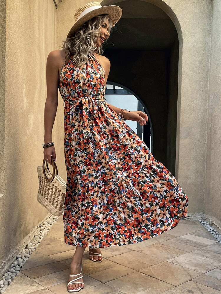 Allover Floral Print Ruffle Hem Belted Halter Dress | SHEIN