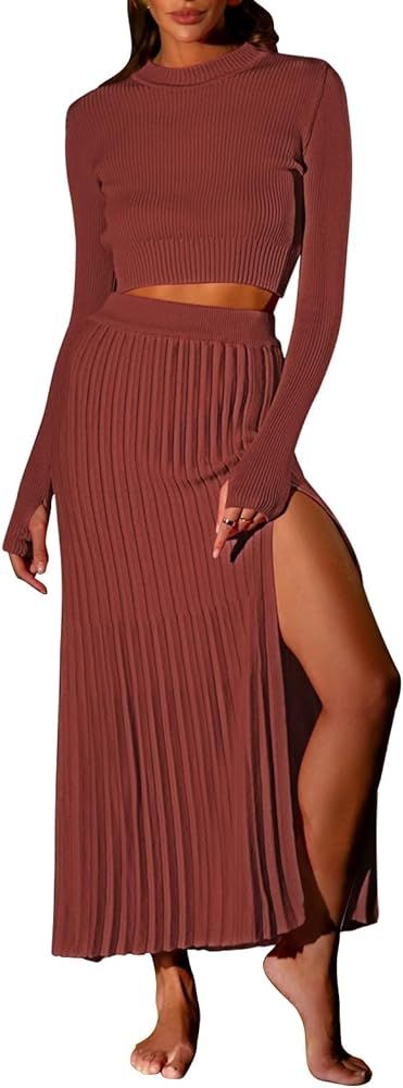 Pink Queen Women's 2 Piece Sweater Outfits Set Crop Top Long Sleeve Split Bodycon Pleated Midi Lo... | Amazon (US)