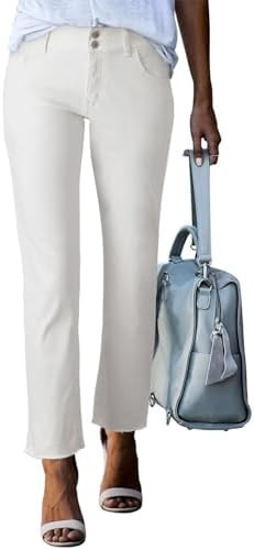 Sidefeel Women's High Waisted Jeans Strechy Fashion Raw Hem Straight Leg Ankle Denim Pants with P... | Amazon (US)