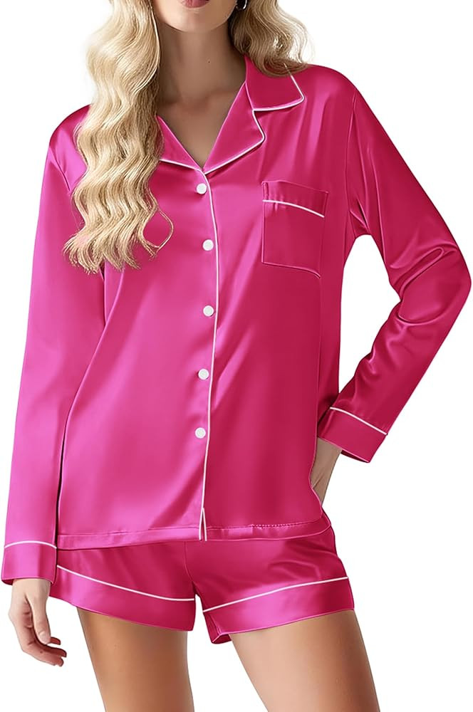 Ekouaer Satin Pajama Set for Women Button Down Pj Set Long Sleeve Top and Shorts 2 Piece Loungewe... | Amazon (US)