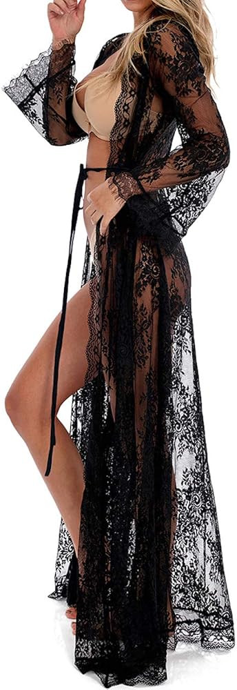 BUTTZO Women Sexy Long Lace Dress Sheer Gown See Through Lingerie Kimono Robe Swimsuit Cover Up | Amazon (US)