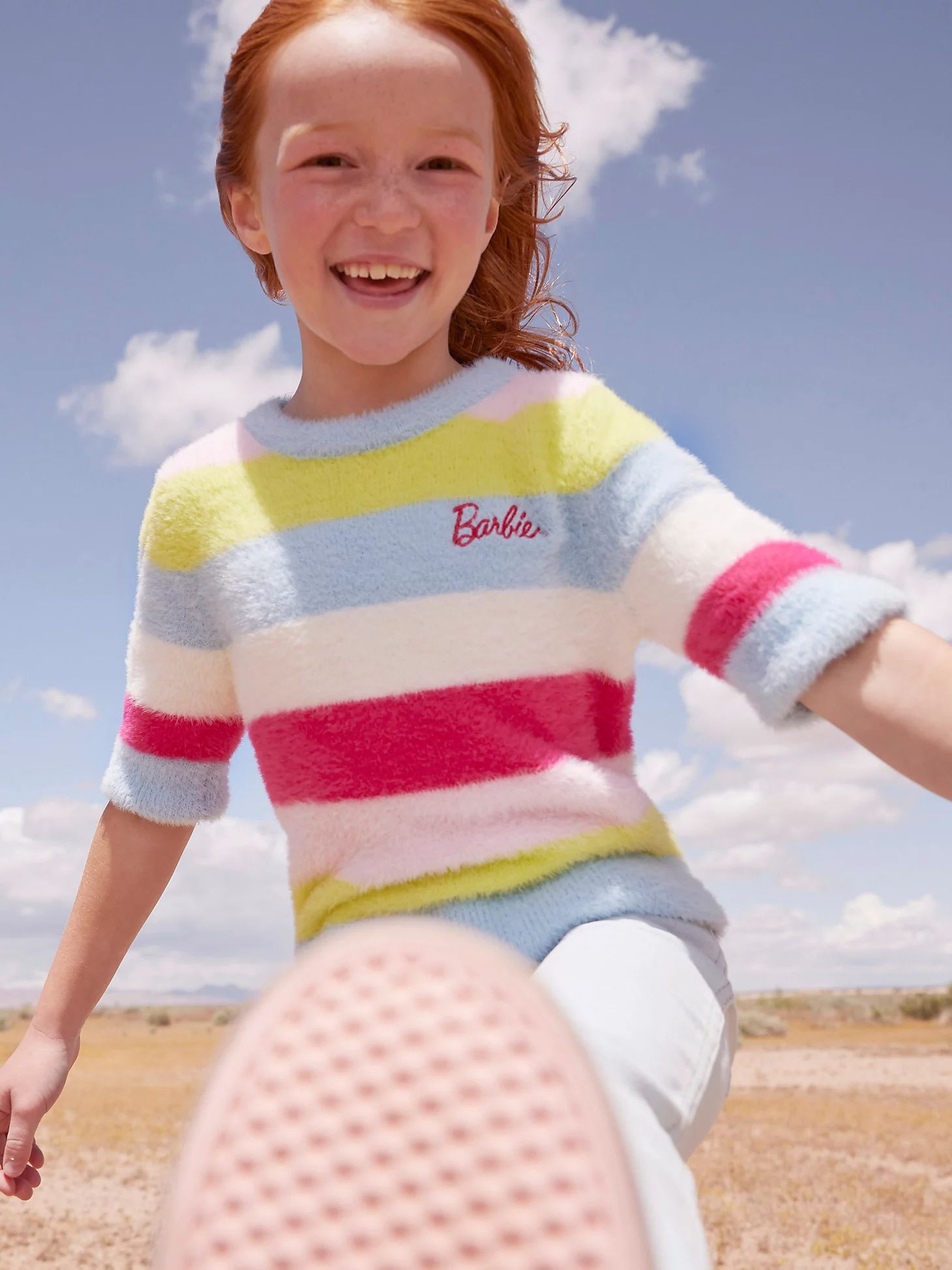 Wrangler x Barbie™ Girl's Fuzzy Sweater in Rainbow Stripe | Wrangler