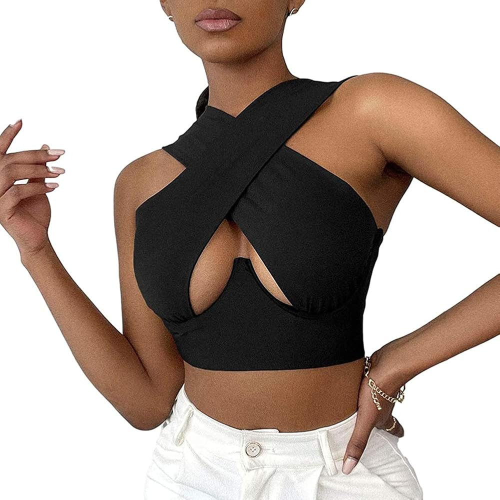Sexy Women's Cut Out Crisscross Wrap Crop Top Halter Solid Vest Cami Tank Tops | Amazon (US)
