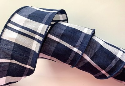 Navy and White Faux Dupioni Plaid Ribbon, 2 1/2 In Wide, Wired Edge, 3 YARDS | eBay US