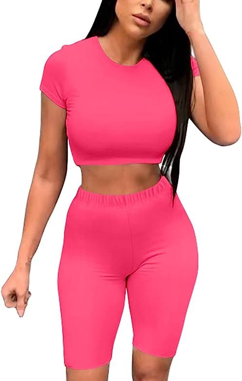 GOBLES Women's Sexy 2 Piece Outfits Bodycon Basic Tank Crop Top with Shorts | Amazon (US)