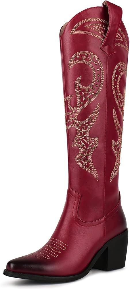 wetkiss Knee High Cowboy Cowgirl Boots for Women, with Unique Embroidery, Side Zipper and Chunky ... | Amazon (US)