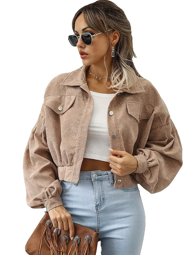 Qiaomai Womens Cropped Corduroy Jacket Loose Button Down Puff Sleeve Shacket Coat | Amazon (US)