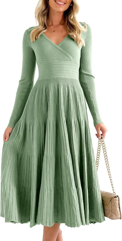 Saodimallsu Womens Long Sleeve Midi Sweater Dress Wrap V Neck Pleated A Line Fit Flare Elegant Kn... | Amazon (US)