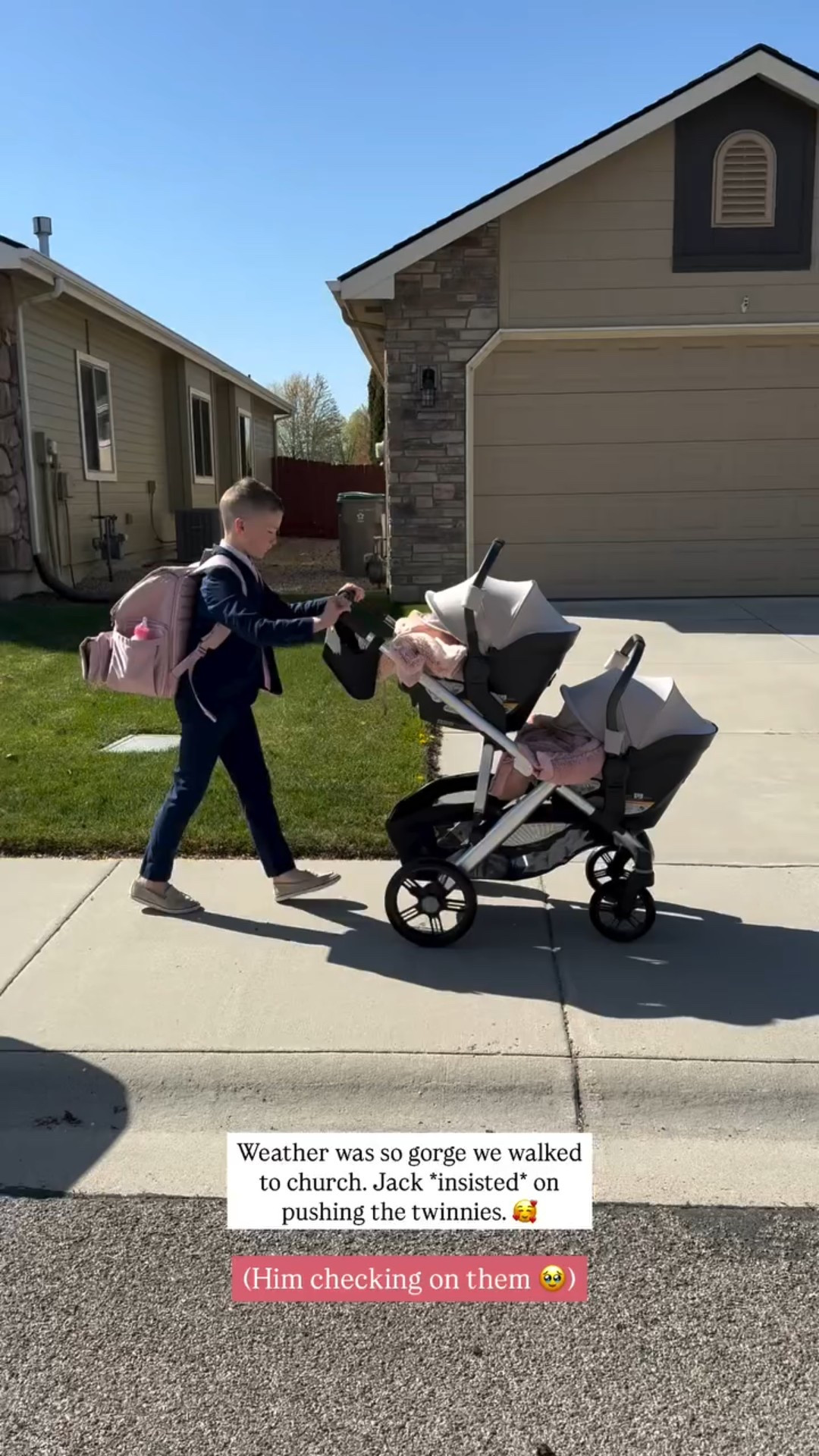 (Him checking on them 🥹) Weather was so gorge we walked to church. Jack *insisted* on pushing the twinnies. 🥰 @beis 
@uppababy 
@janieandjack

#LTKFamily #LTKWatchNow #LTKBaby