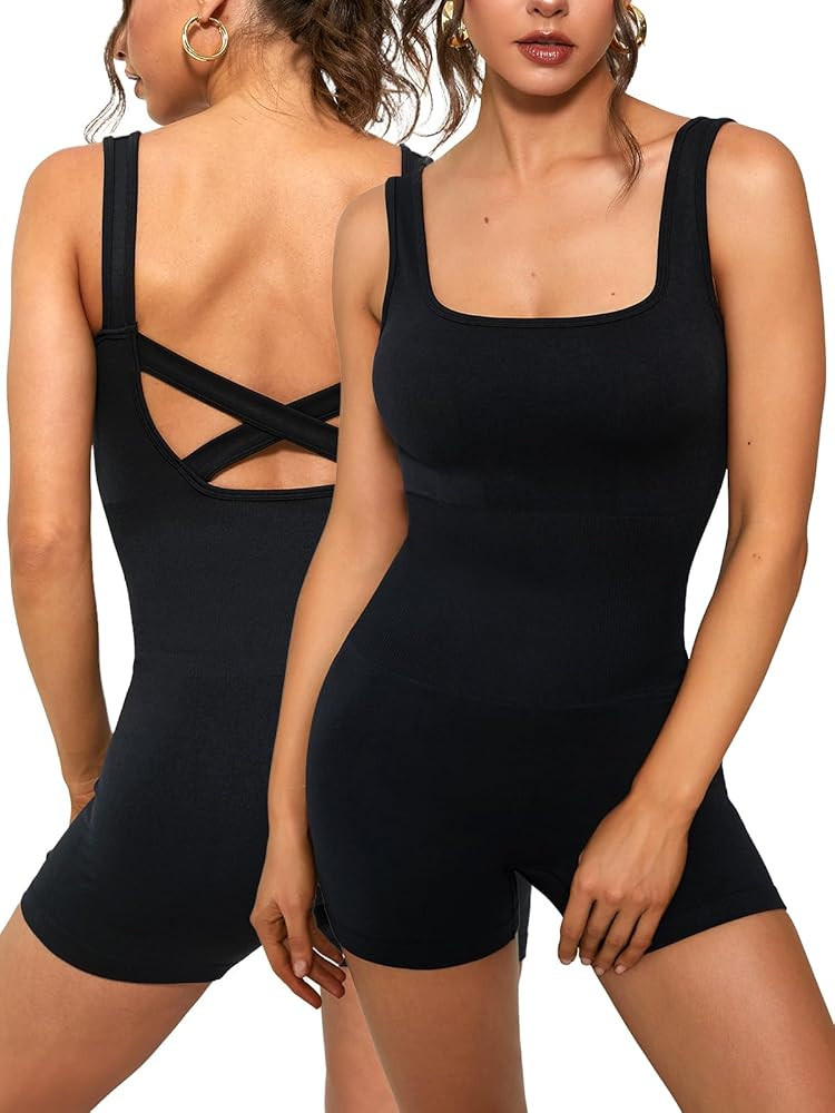 FITTIN Jumpsuit for Women - Women's Cross Back One Piece Jumpsuit Tummy Control Bodycon Shorts Ro... | Amazon (US)