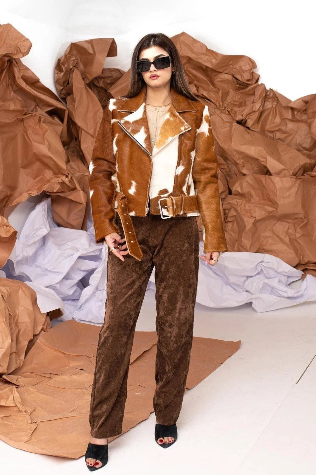 Women Cowhide Leather Jacket With Real Cow Hair Real Hair on Brown & White Handcrafted Cowhide Le... | Etsy (US)