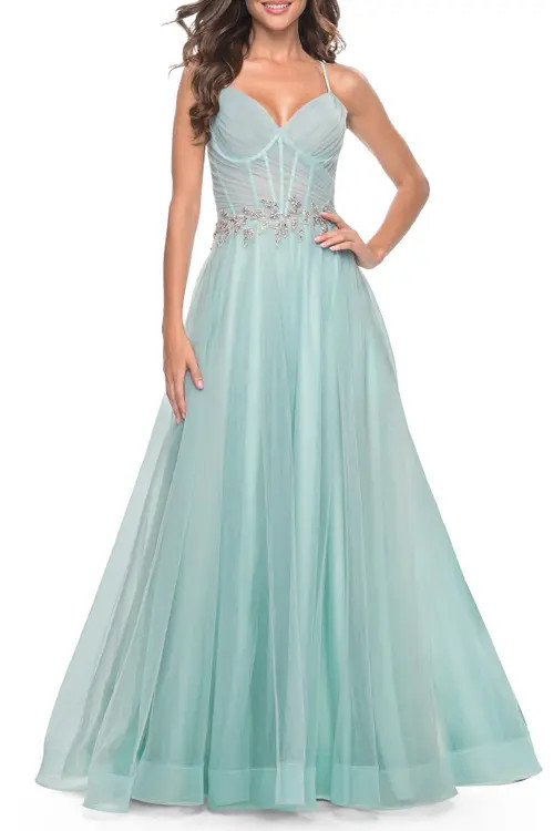 La Femme A-Line Prom Gown with Ruched Bodice and Rhinestone Belt Detail in Light Blue at Nordstrom, Size 0 | Nordstrom