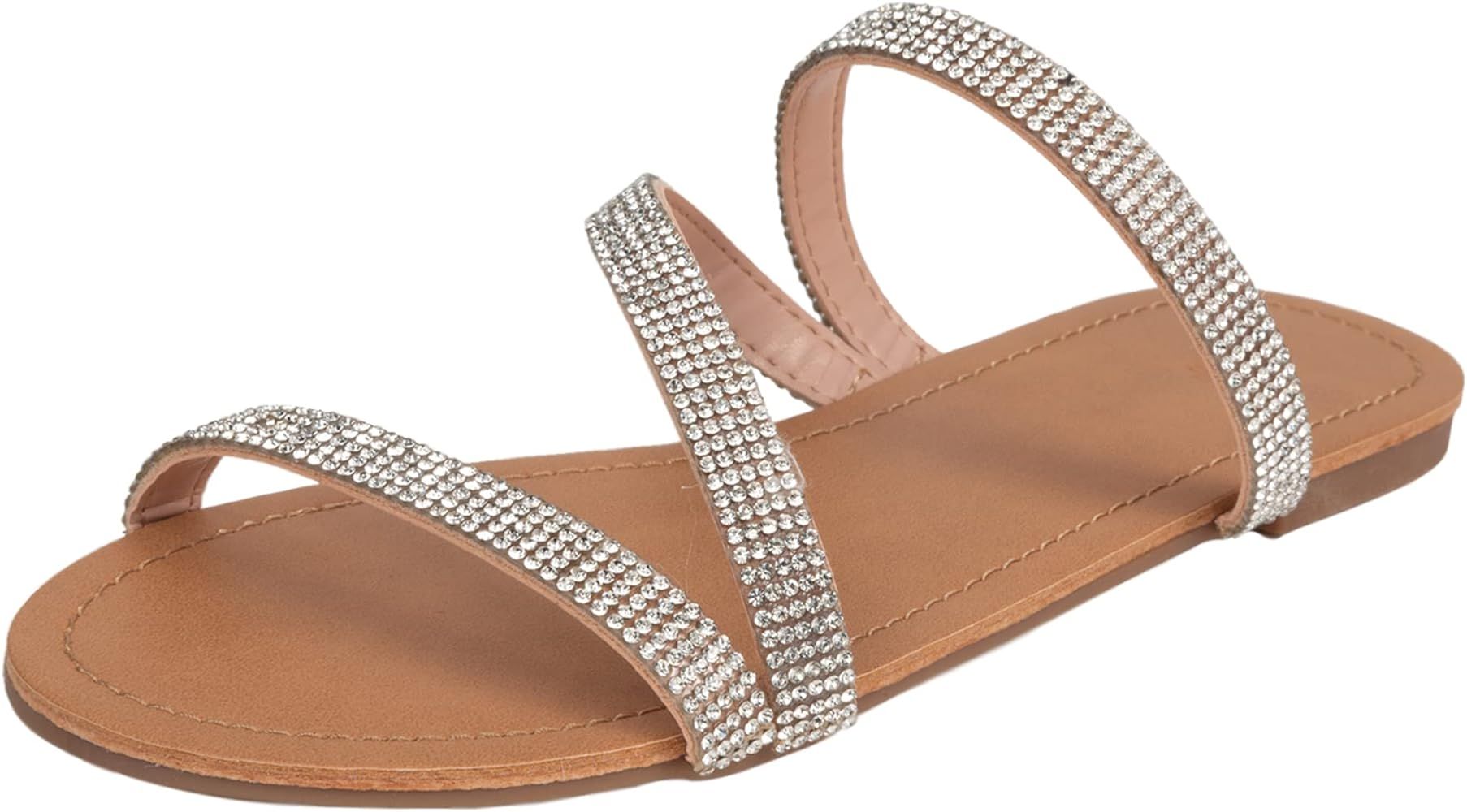 REDTOP Women's Slip on Flat Sandals Casual Bling Rhinestone Strap Sandals Open Toe Slide Sandals | Amazon (US)