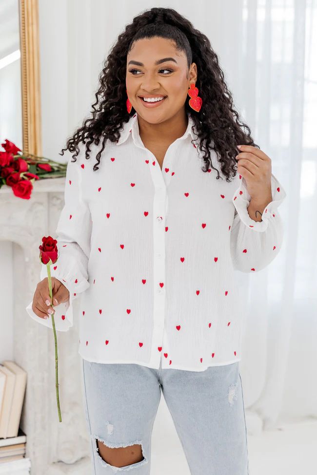I'm Stuck On You Ivory Heart Applique Gauze Blouse | Pink Lily