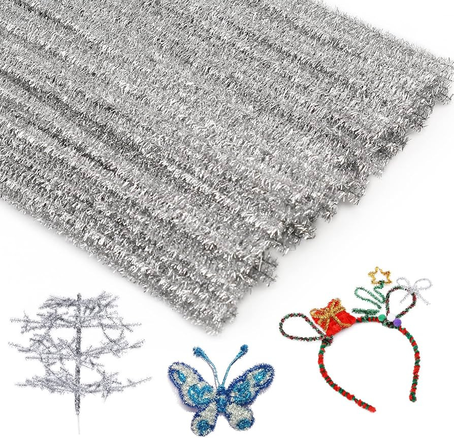 100 Pcs Pipe Cleaners Chenille Stem, Glitter Silver Craft Pipe Cleaners,DIY Craft,Fuzzy Sticks Pi... | Amazon (US)