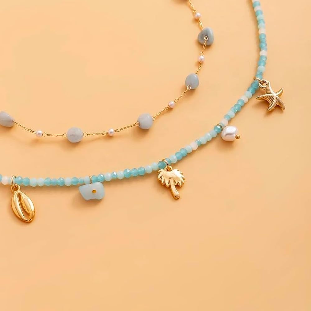 Generic 2 Chains Set Blue Beads Necklaces | Amazon (US)