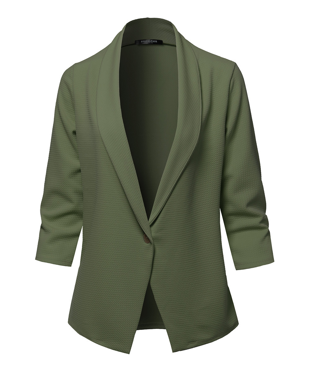 SSOULM Women's Blazers OLIVE - Olive One-Button Three-Quarter Sleeve Blazer - Plus | Zulily