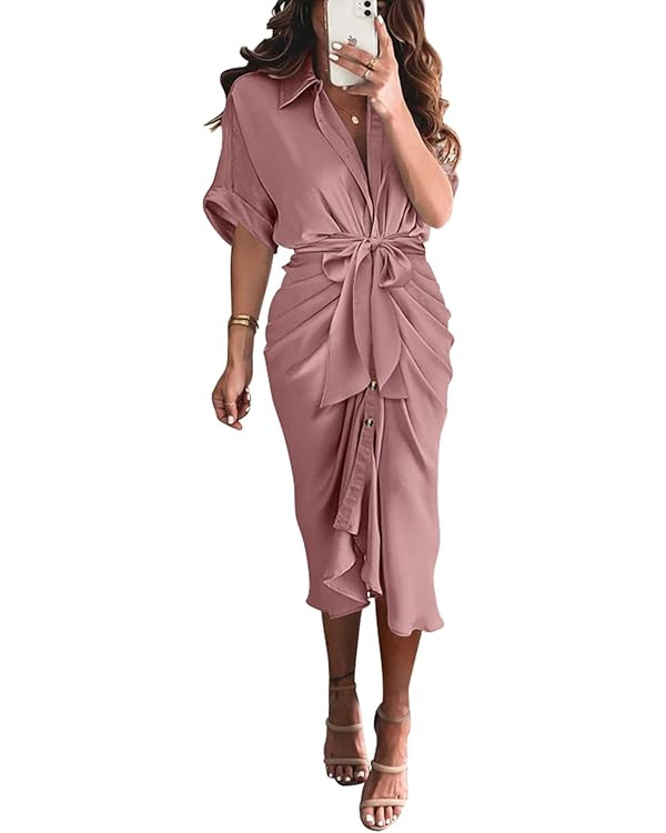 BTFBM Shirt Dresses for Women Spring Button Short Sleeve Silk Satin Ruched Maxi Summer Dress 2026... | Amazon (US)