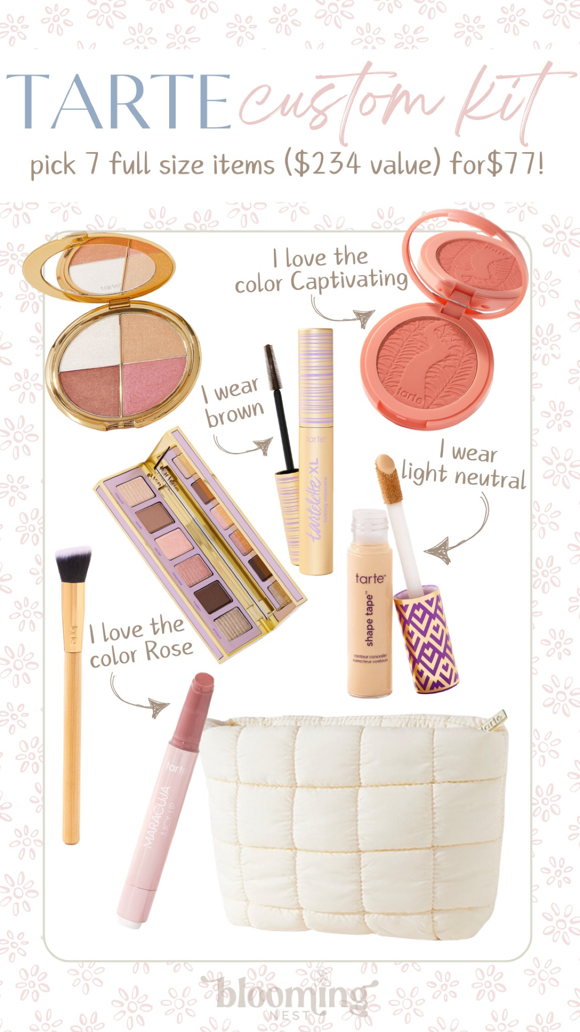 It’s Tarte custom kit time!! 7 full size products for $77 is the best deal!! Linking all my favorites! 
Lip in rose
Blush in captivating
Concealer in light neutral
Mascara in brown

THEBLOOMINGNEST tarte mascara concealer eyeshadow brush blush lipgloss make up bag 

#LTKBeauty #LTKFindsUnder50 #LTKItBag