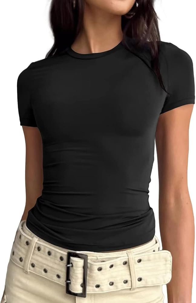Women Y2k Basic Long Sleeve Top Slim Fitted Baby Tee Round Neck Skim Dupe Crop Layering Slim Top ... | Amazon (UK)