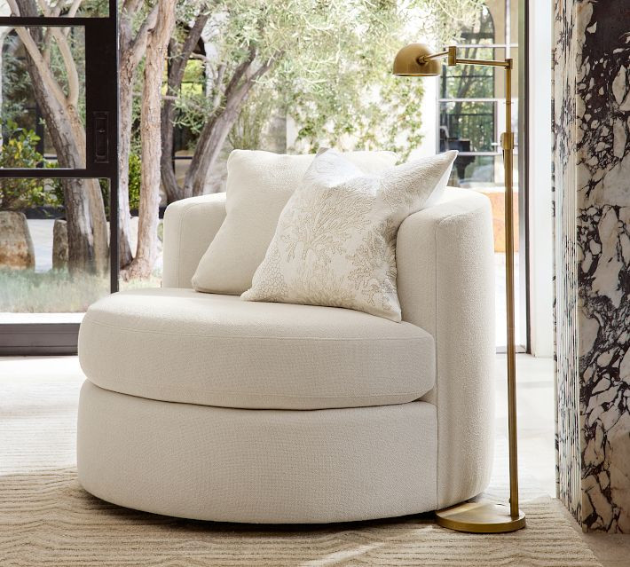 Balboa Upholstered Petite Swivel Armchair, Polyester Wrapped Cushions, Heathered Chenille Charcoal | Pottery Barn (US)