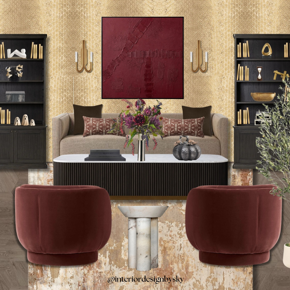 Timeless tones with a bold twist.
This luxe living space blends deep merlot velvet, brass details, and textured neutrals — proof that rich color can still feel elevated and cozy.

✨ Save this look for your next living room refresh.
Tap to shop similar pieces — from sculptural accent chairs to statement lighting that ties it all together.

#InteriorDesignBySky #DesignInspo #LivingRoomDesign #HomeDecorGoals #LTKHome #LTKInterior #VelvetChairs #ModernClassic #WarmNeutrals #TexturedDesign #ShopTheLook #InteriorMoodboard #3DRendering #DesignBySky

#LTKHalloween #LTKHome #LTKStyleTip
