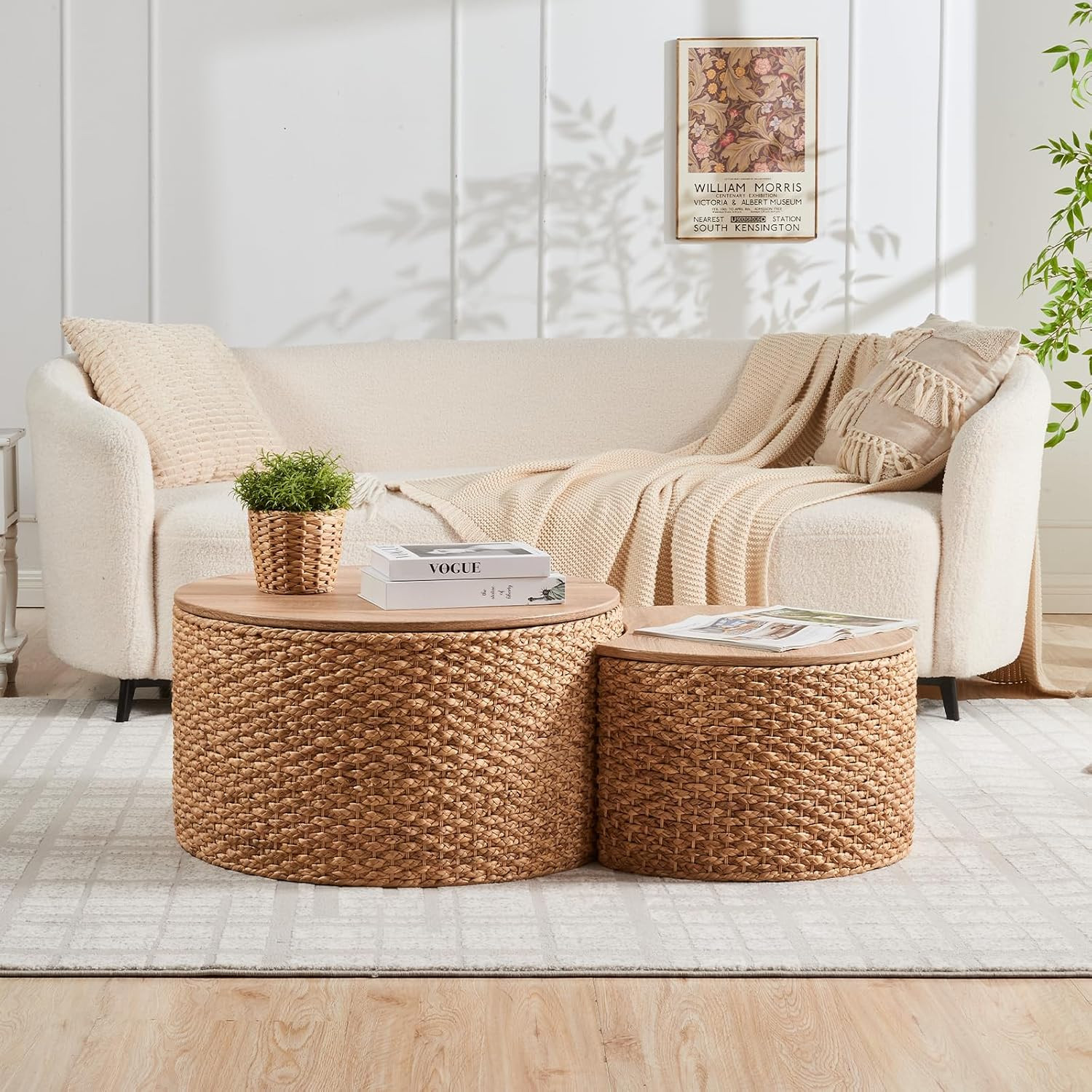 Round Nesting Coffee Table Set of 2 with Storage - Handwoven Wicker Rattan Ottoman Style, Boho Co... | Amazon (US)