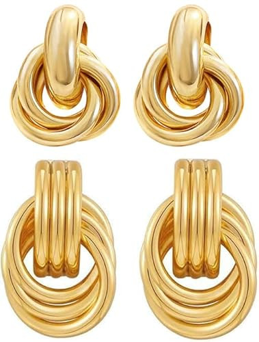 2 Pairs Gold Knot Earrings Chunky Statement Earrings Geometric Drop Dangle Earrings Long Twisted Earrings Jewelry for Women | Amazon (US)