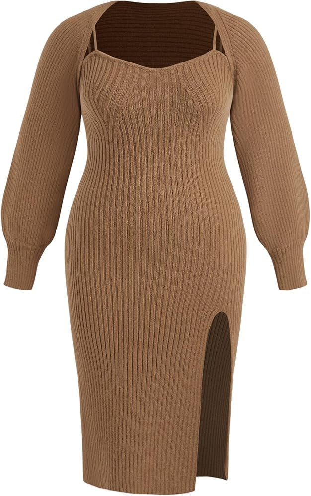CIDER 2 Piece Sweater Dresses for Women Winter Slit Long Sleeve Womens Midi Dress Pullover Bodyco... | Amazon (US)